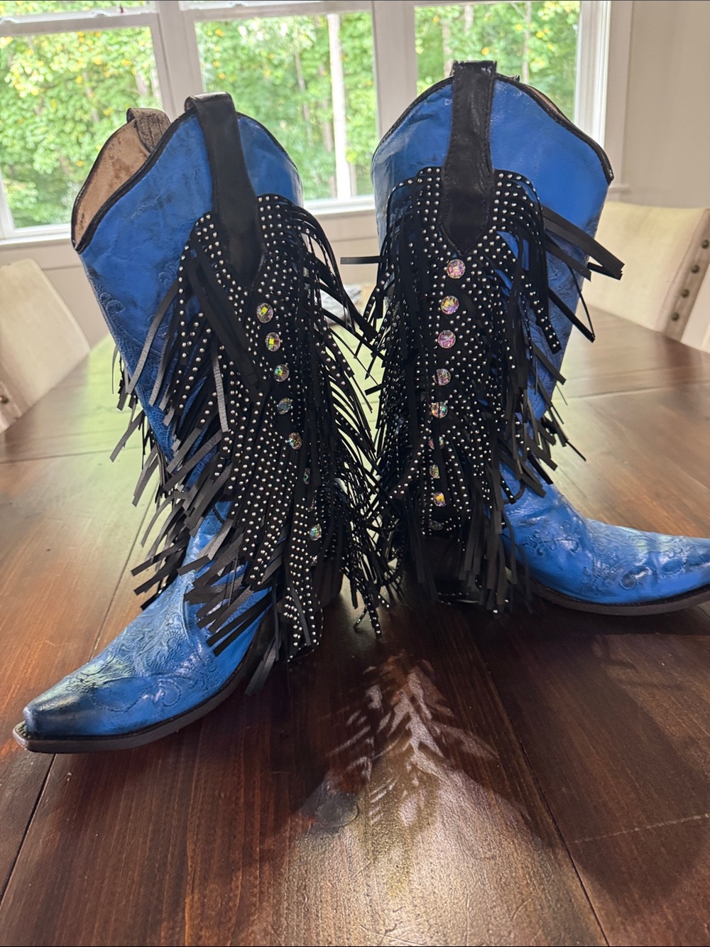 Blue Women's Fringe Western Boots with Rhinestone Detail - Picture 3 of 10